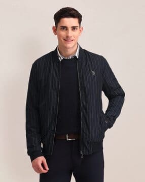 Men Striped Regular Fit Zip-Front Bomber Jacket