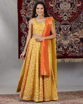 aurelia Women Floral Woven Crop Top with Skirt & Dupatta-picture-37
