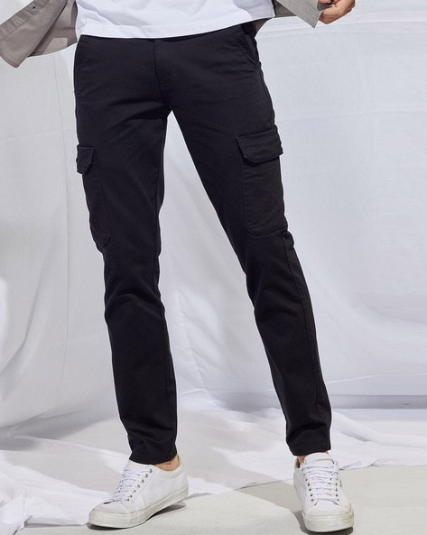 Men Slim Fit Flat Front Cargo Trousers with Insert Pockets