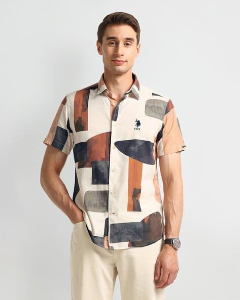 Polo Shirt Mens Fitted Short Sleeve Button Up White Mens Short - Main Image