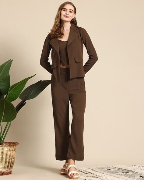 Women Crop Top with Blazer Trouser Set