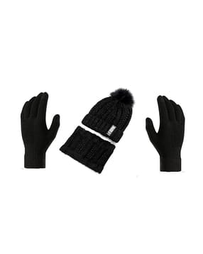 Women Cable-Knit Beanie with Neck Scarf & Gloves -image-35