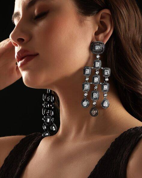 Rubans Women Rhodium-Plated Stone-Studded Chandbali Earrings