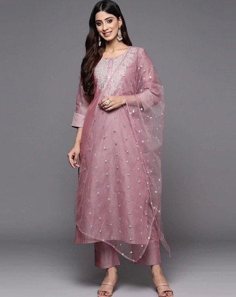 Women Embroidered Straight Kurta with Pants & Dupatta