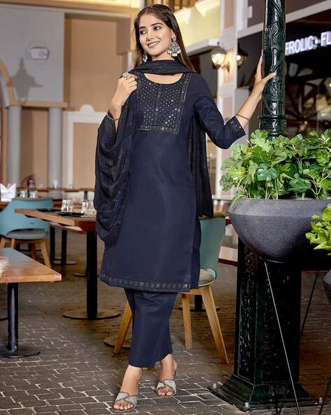 Royal Export X AG Women Embellished Straight Kurta with Pants & Dupatta