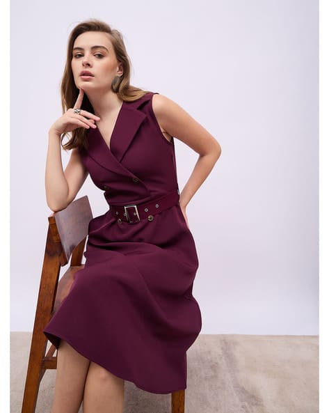 Women Double Breasted Blazer Belted A-Line Midi Dress