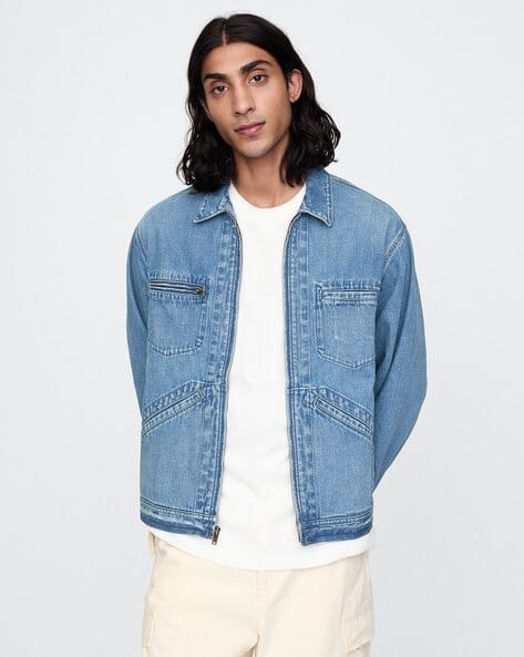 Men Heavily Washed Zip-Front Oversized Denim Jacket