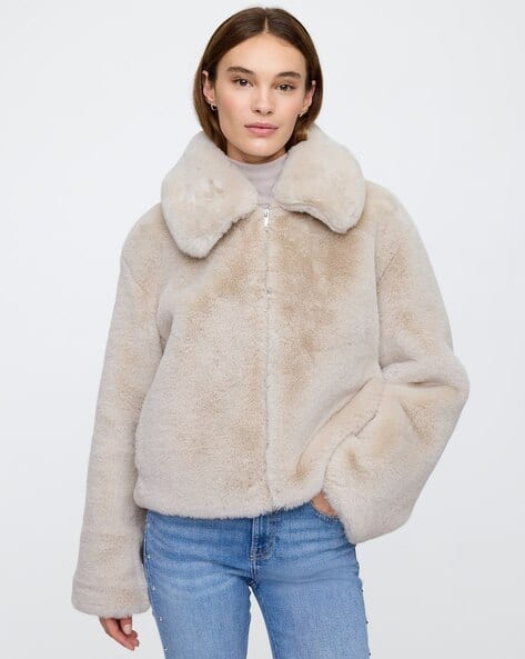 Women Solid Full-Sleeve Faux Fur Jacket