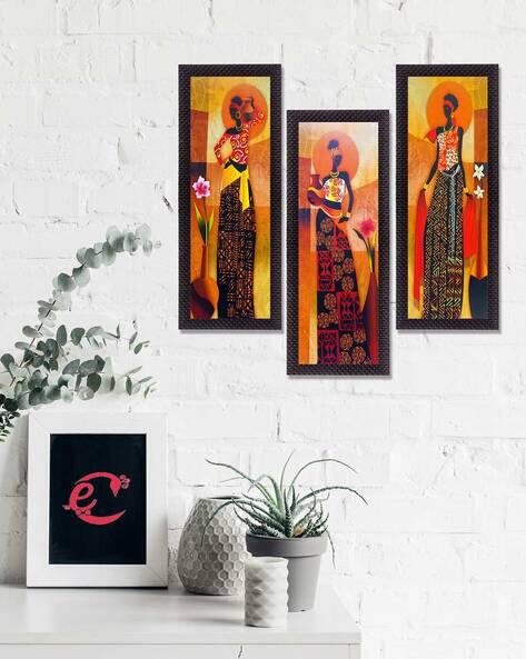 Ecraftindia Set of 3 Tribal Village Ladies UV Art Painting