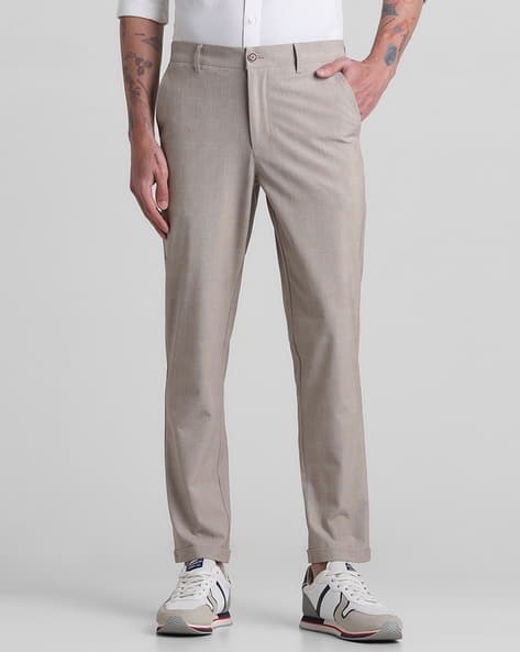JACK & JONES Premium Men Self-Check Slim Fit Flat-Front Trousers