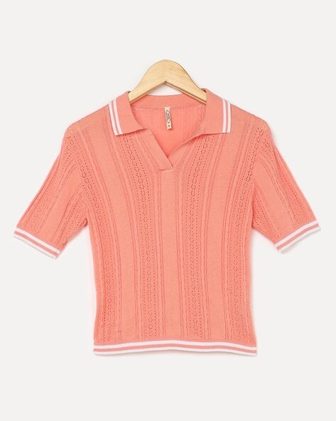 LEE COOPER Women Self-Striped Regular Fit Polo T-Shirt deal from ajio