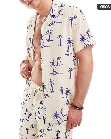 ASOS DESIGN Co-Ord Relaxed Fit Revere Shirt with Palm Tree Print