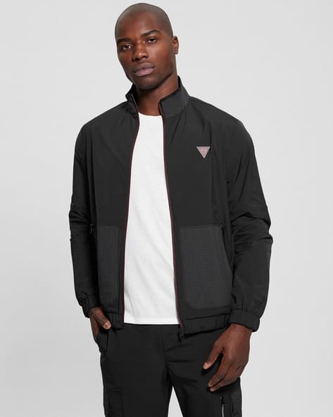 Men Zip-Front Regular Fit Bomber Jacket with Logo Print