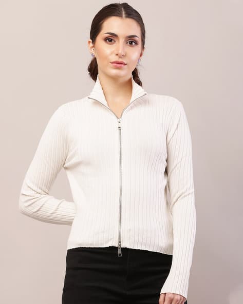 Women Zip-Front Cardigan with Ribbed Hem