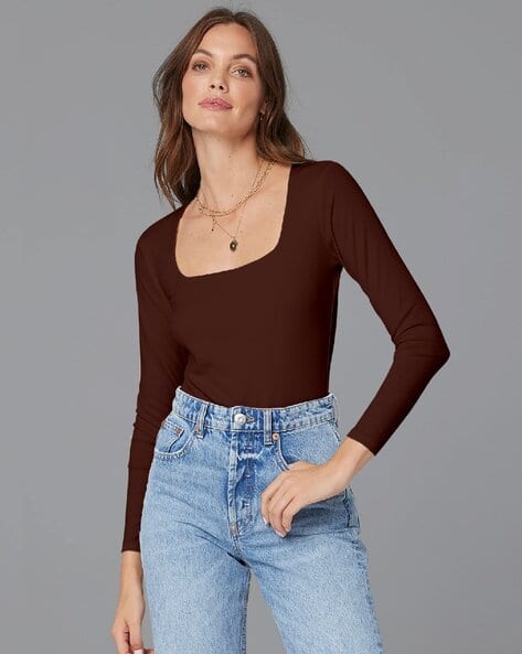 Women Fitted Square-Neck Top with Full Sleeves