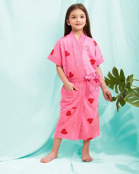 Girls Graphic Print Bathrobe with Patch-Pocket