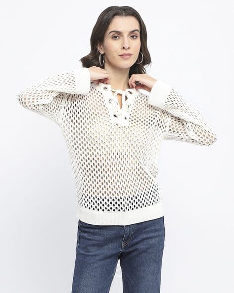 MADAME Women Crochet Relaxed Fit Top with Ribbed Hem