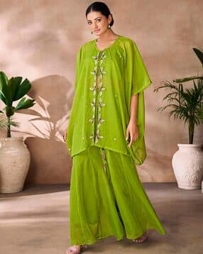 Women Embellished Shrug with Top & Palazzos Co-Ord Set-image-5