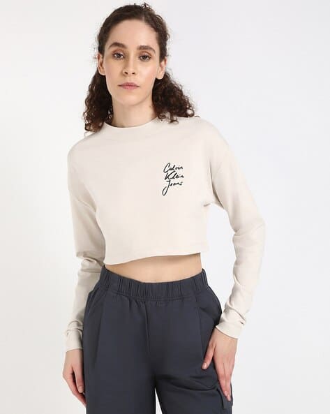 Women Script Print Relaxed Fit Crew-Neck Crop T-Shirt