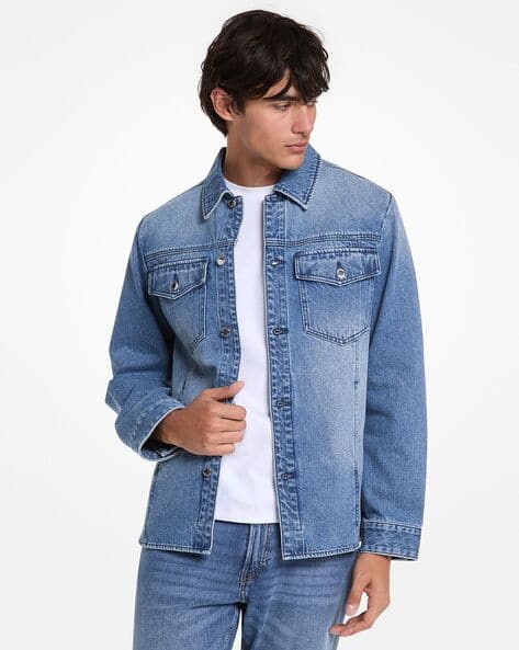 Buy Michael Kors Washed Denim Shirt Jacket | Blue Color Men | AJIO