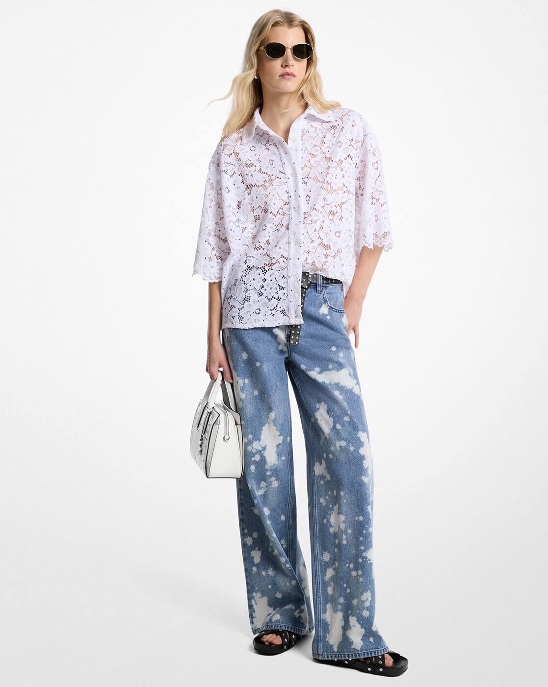 Buy Michael Kors Hand-Splattered Bleach Denim Wide-Leg Jeans