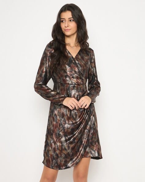MADAME Women Metallic Front-Pleated Wrap Dress