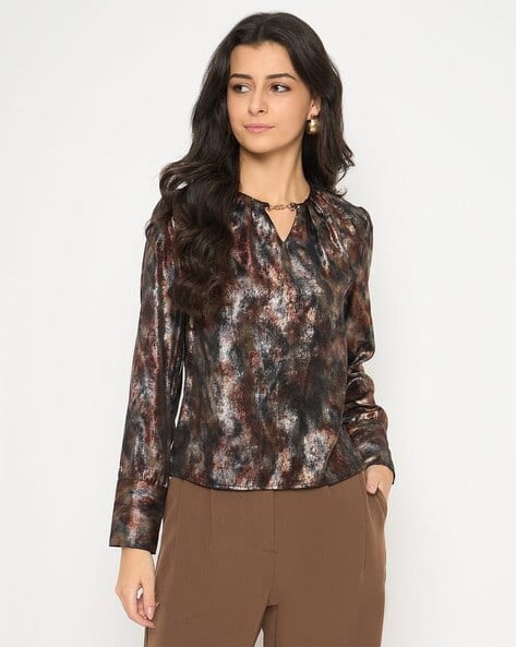 MADAME Women Tie & Dye Relaxed Fit Top with Metal Buckled Neckline