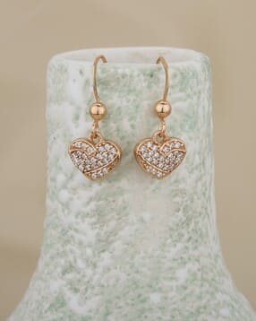 Women Sterling Silver Cubic Zirconia-Studded Heart Drop Earrings-image-31