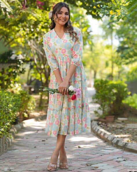 Janasya Women Floral Printed Tiered Dress