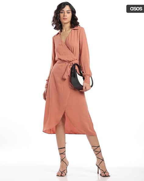 asos design collared wrap midi dress with tie belt