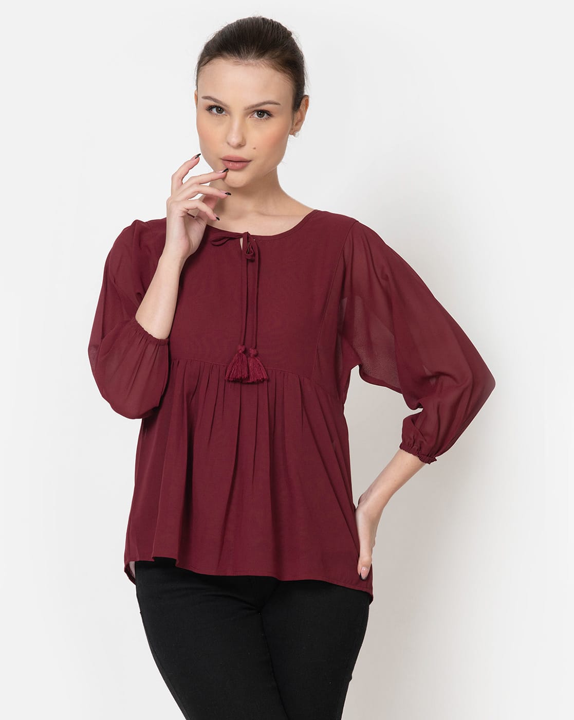MONNURO Women's Plus Size 3/4 Sleeve Tunic Top - Loose Fit Swing T-Shirt, Wine Red, Size 3X