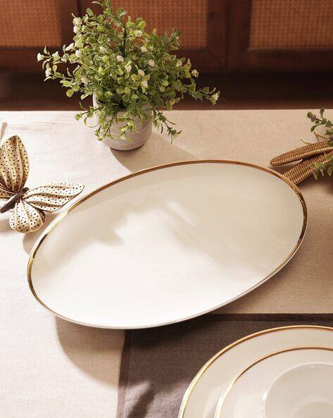 Pure Home And Living  Gold Rim Ceramic Rice Platter