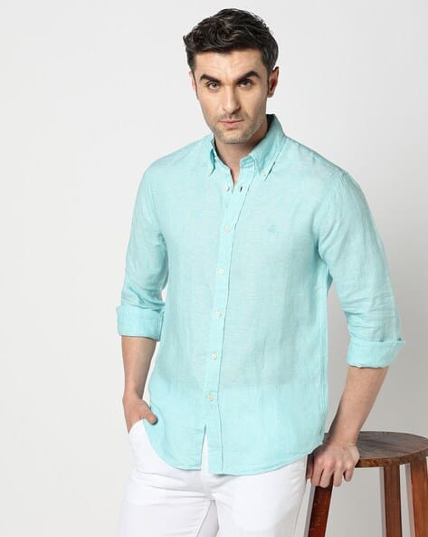 Men Regular Fit Linen Shirt with Button-Down Collar
