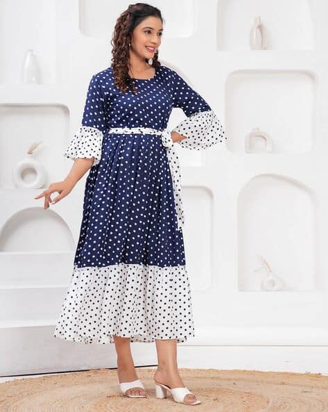 Women Polka-Dot Fit Flare Dress with Tie-Up Waist