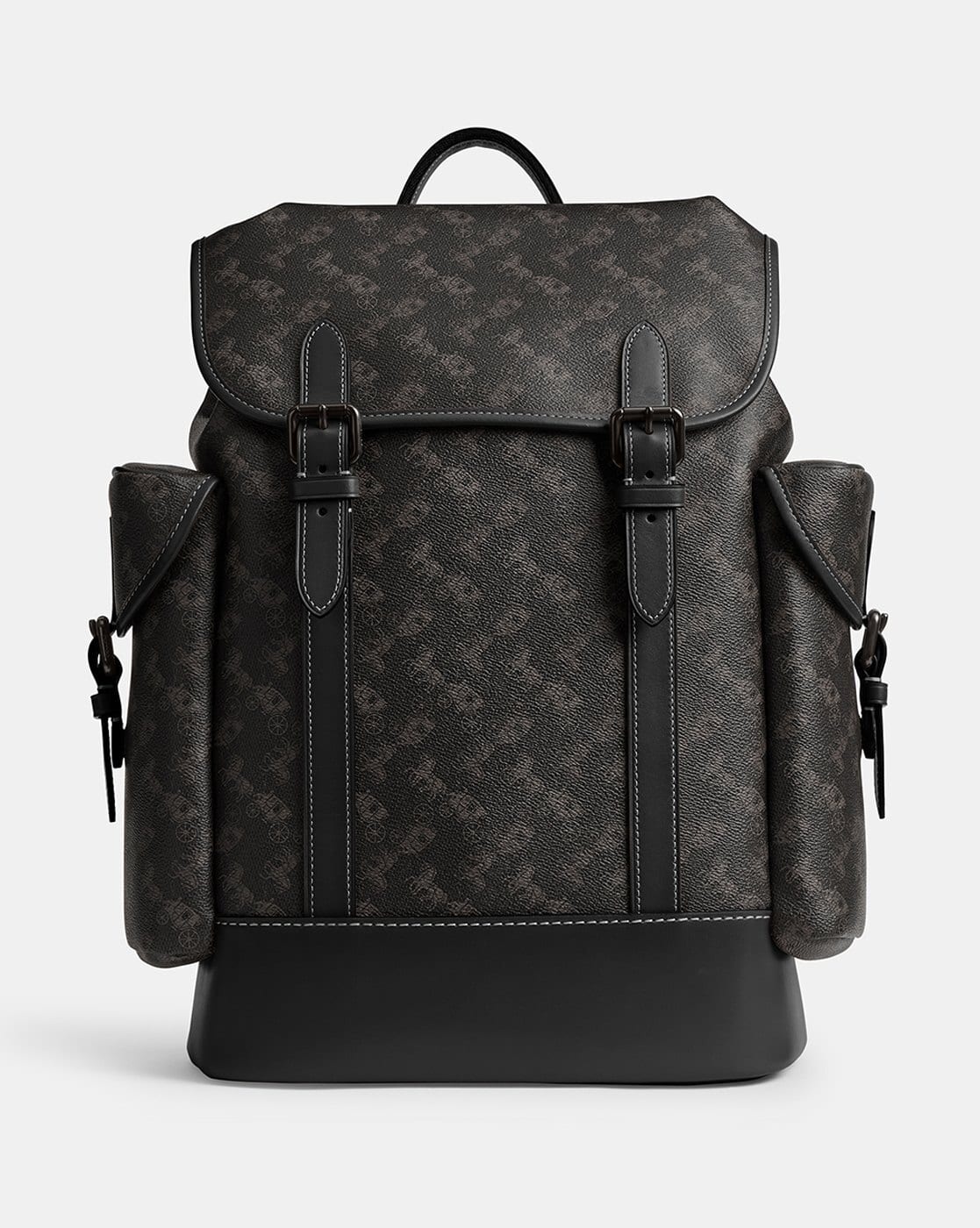 coach hitch backpack with horse and carriage print 1941 Brown Black and  BlackSkinny Signature coated canvas printed coated canvas and refined pebble leather Inside zip and multifunction pockets Double zip closure fabric lining Handle with 2 1/4 drop Outside zip pocket Adjustable shoulder straps 10 3/4 (L) x 12 1/2 (H) x 4 3/4 (W) Style No. Coach Restored Hitch Backpack With