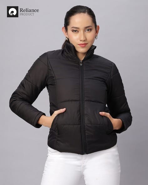 Zipper Stylish Black Coats For Ladies Fur Hood Womens Black Puffer
