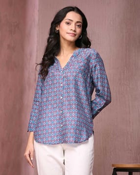 fabindia Women Abstract Regular Fit Shirt with Mandarin Collar-picture-31