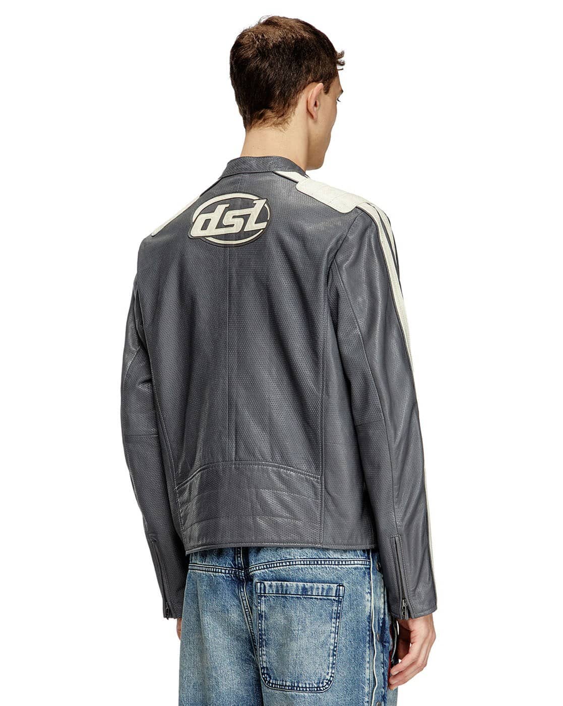 Buy DIESEL Perforated Leather Biker Jacket | Grey Color Men | AJIO