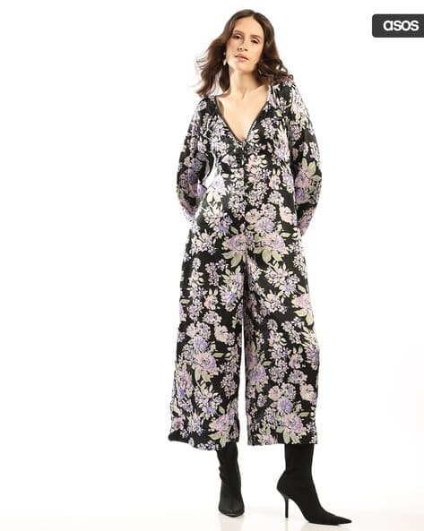 ASOS DESIGN Floral Print Button-Front Tea Jumpsuit with Lace Insert