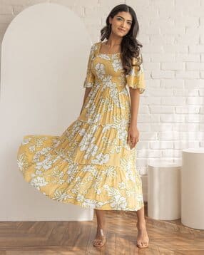 xqsee Women Floral Print Square-Neck Tiered Dress-picture-12
