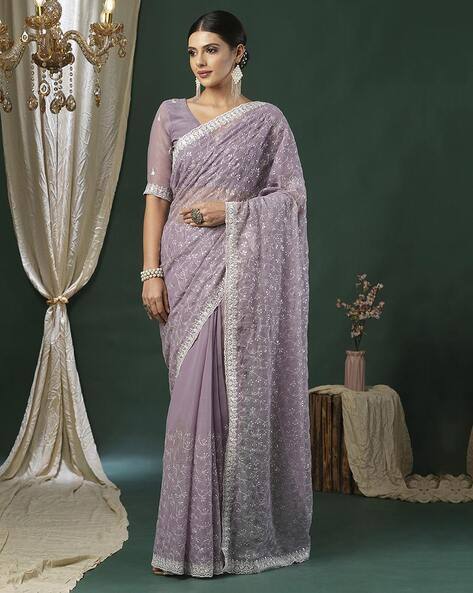 Women Embroidered Saree with Scallop Border