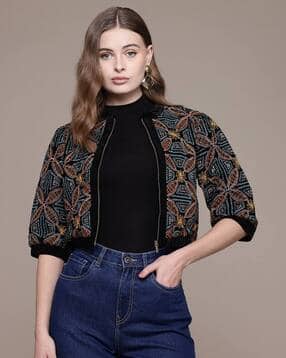 label ritu kumar Women Embroidered Relaxed Fit Zip-Front Crop Jacket-picture-9
