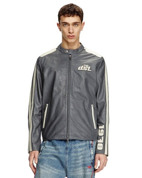 Buy DIESEL Perforated Leather Biker Jacket | Grey Color Men | AJIO