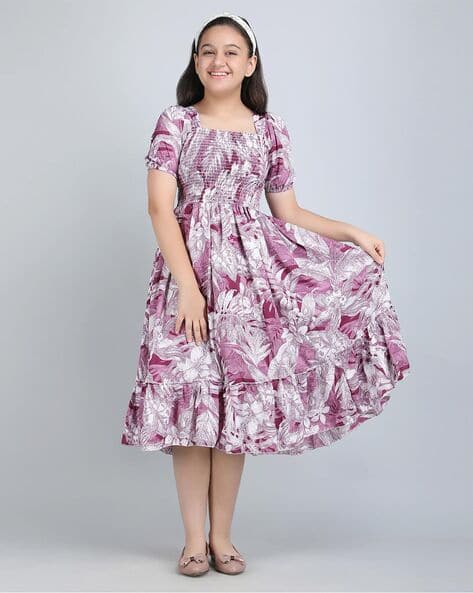 Girls Leaf Print Tiered Dress with Short Sleeves