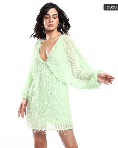 ASOS DESIGN V-Neck Batwing Fluffy Mini Dress