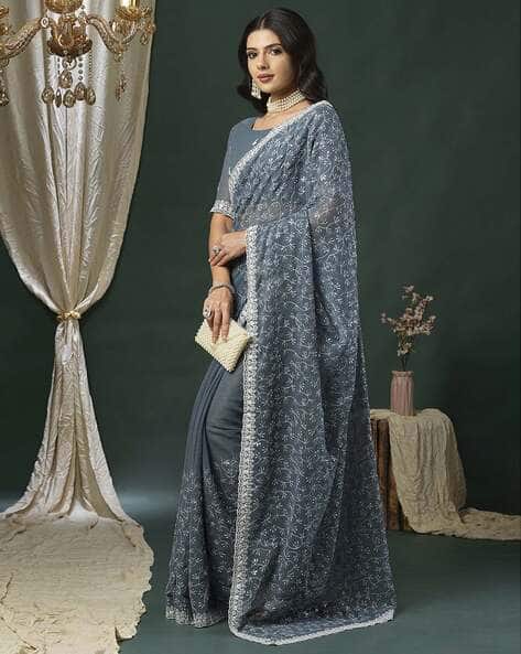 Ri-wah Women Embroidered Saree with Scallop Border