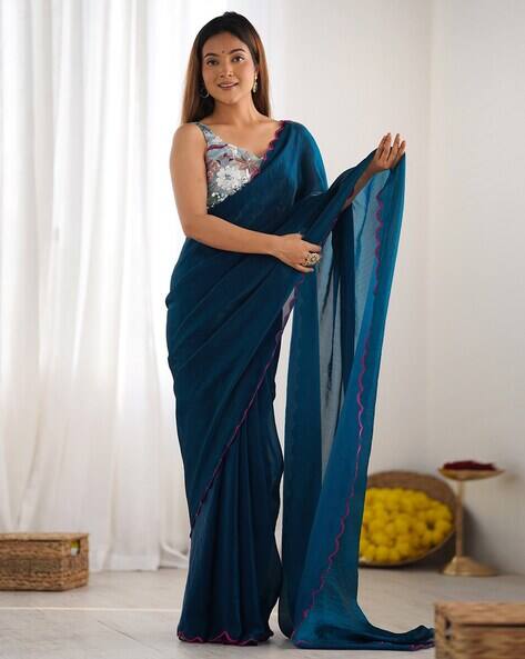 Ri-wah Women Satin Silk Saree with Scalloped Border