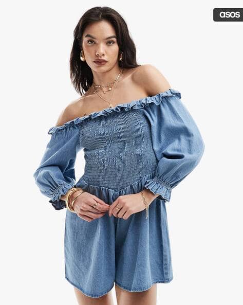ASOS DESIGN Soft Denim Off-Shoulder Playsuit with Frill Detail