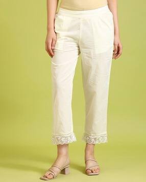 Women Straight Fit Pure Cotton Pants with Lace Hem-picture-38