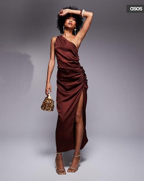 Ruched Side One-Shoulder Satin Maxi Dress - Main Image